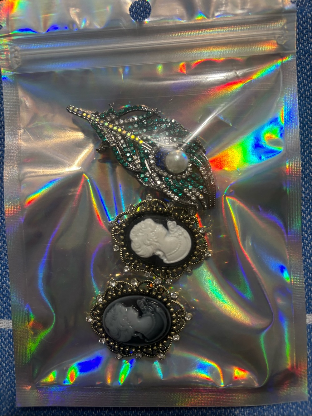 Peacock Feather Pearl & Crystal Brooch and 2 Cameo Brooches